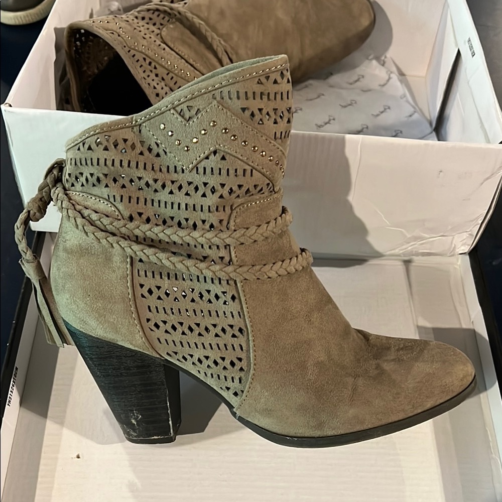 Qupid Tan Heeled Boots with Bohemian Flair